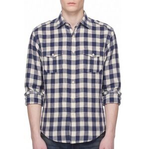 Vtg Brooks Brothers 100% Irish Linen Military Workshirt Men L Slim Gingham Navy